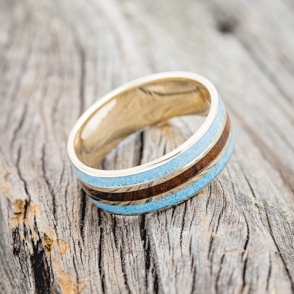 "RIO" - TURQUOISE & IRONWOOD WEDDING RING FEATURING A 14K GOLD BAND-3