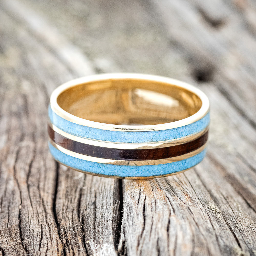 "RIO" - TURQUOISE & IRONWOOD WEDDING RING FEATURING A 14K GOLD BAND-4