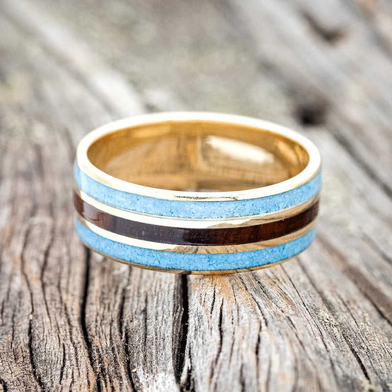 "RIO" - TURQUOISE & IRONWOOD WEDDING RING FEATURING A 14K GOLD BAND