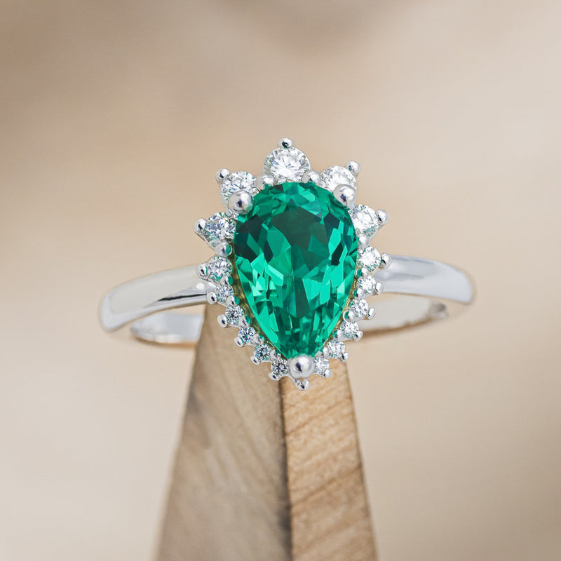 "LAVERNA" - PEAR-SHAPED LAB-GROWN EMERALD ENGAGEMENT RING WITH DIAMOND HALO-7