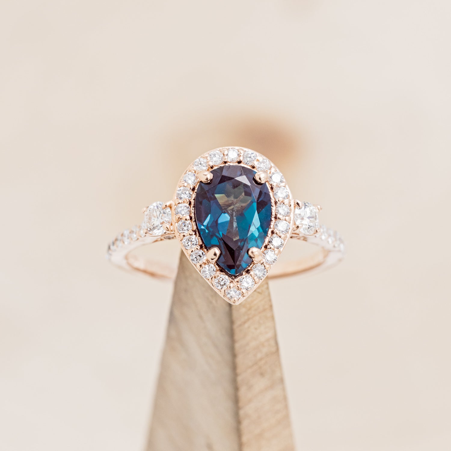 "KB" - BRIDAL SUITE - PEAR SHAPED LAB-GROWN ALEXANDRITE ENGAGEMENT RING WITH DIAMOND ACCENTS & TRACERS-7