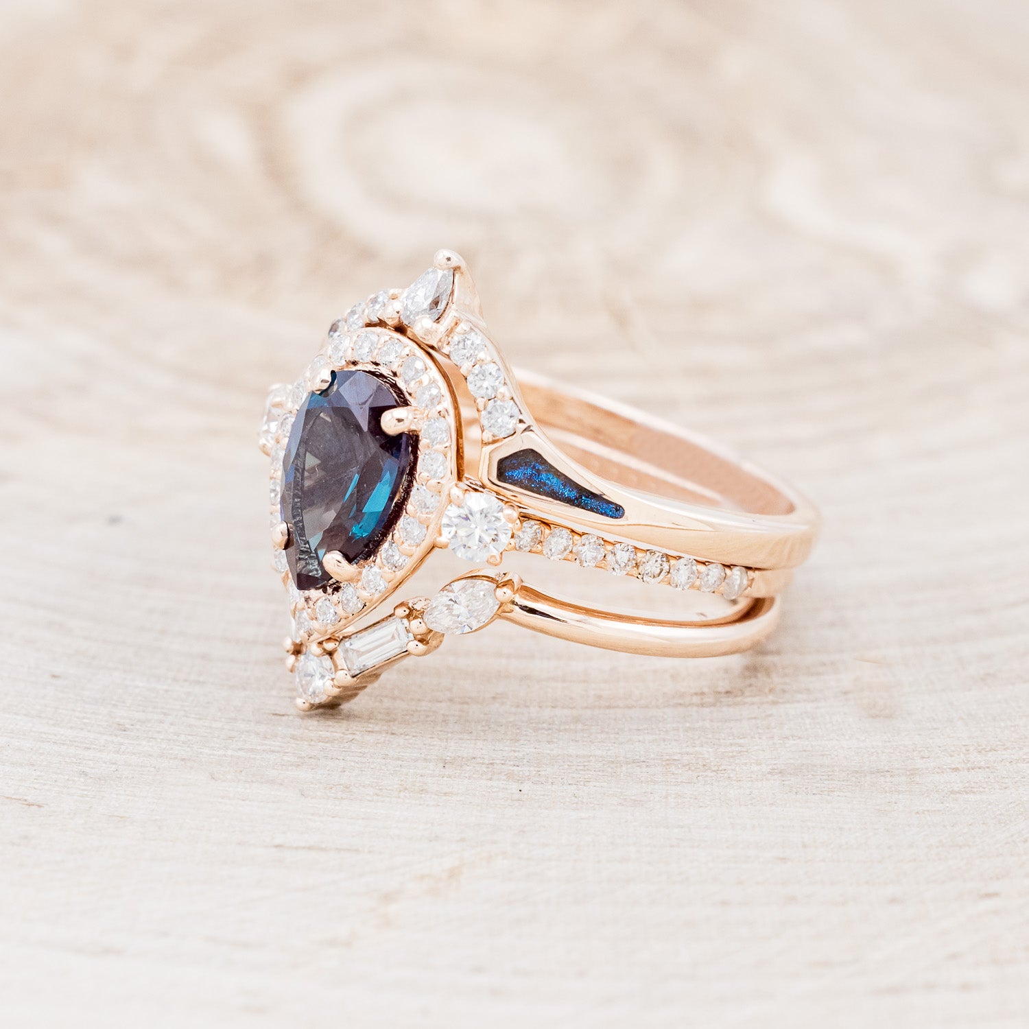 "KB" - BRIDAL SUITE - PEAR SHAPED LAB-GROWN ALEXANDRITE ENGAGEMENT RING WITH DIAMOND ACCENTS & TRACERS-3