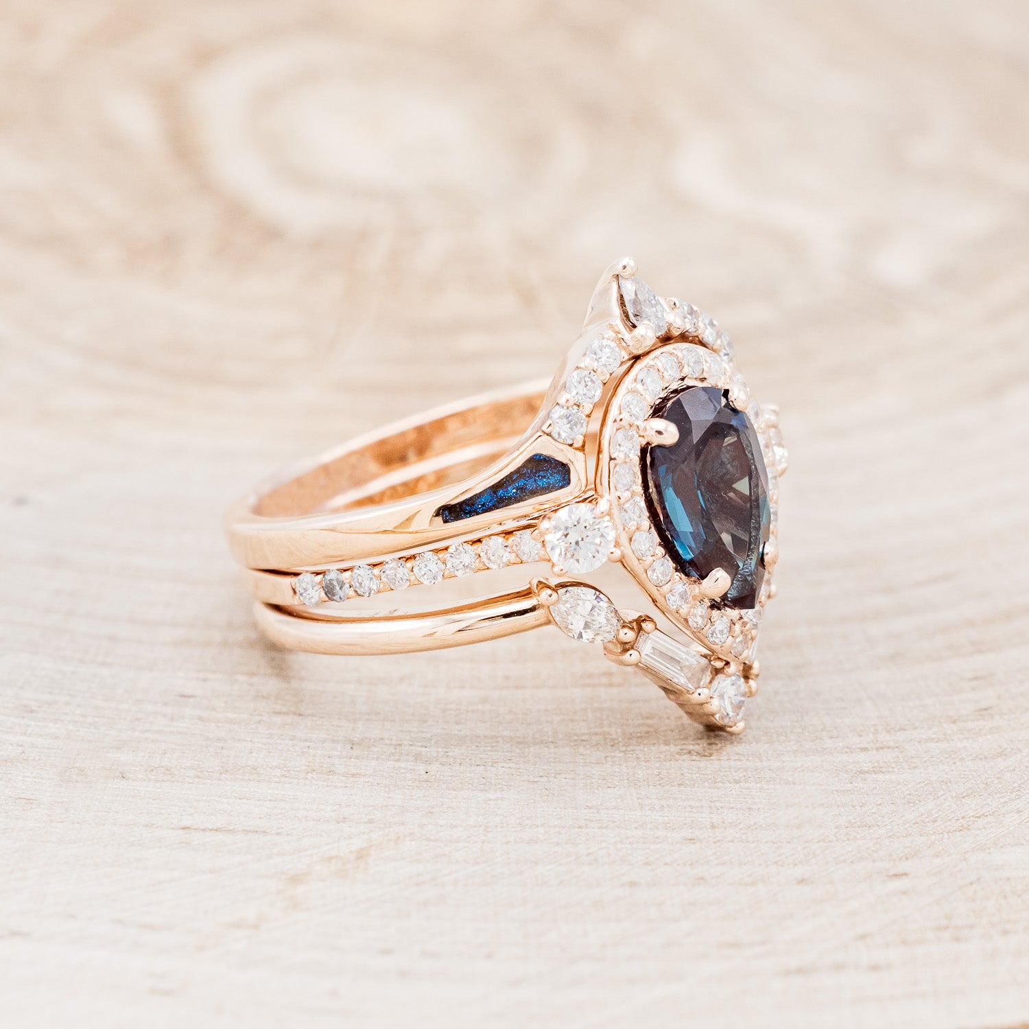 "KB" - BRIDAL SUITE - PEAR SHAPED LAB-GROWN ALEXANDRITE ENGAGEMENT RING WITH DIAMOND ACCENTS & TRACERS-2