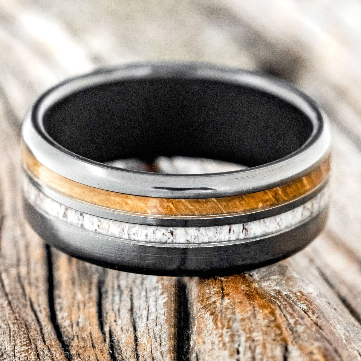 "COSMO" - WHISKEY BARREL OAK & ANTLER WEDDING BAND-6