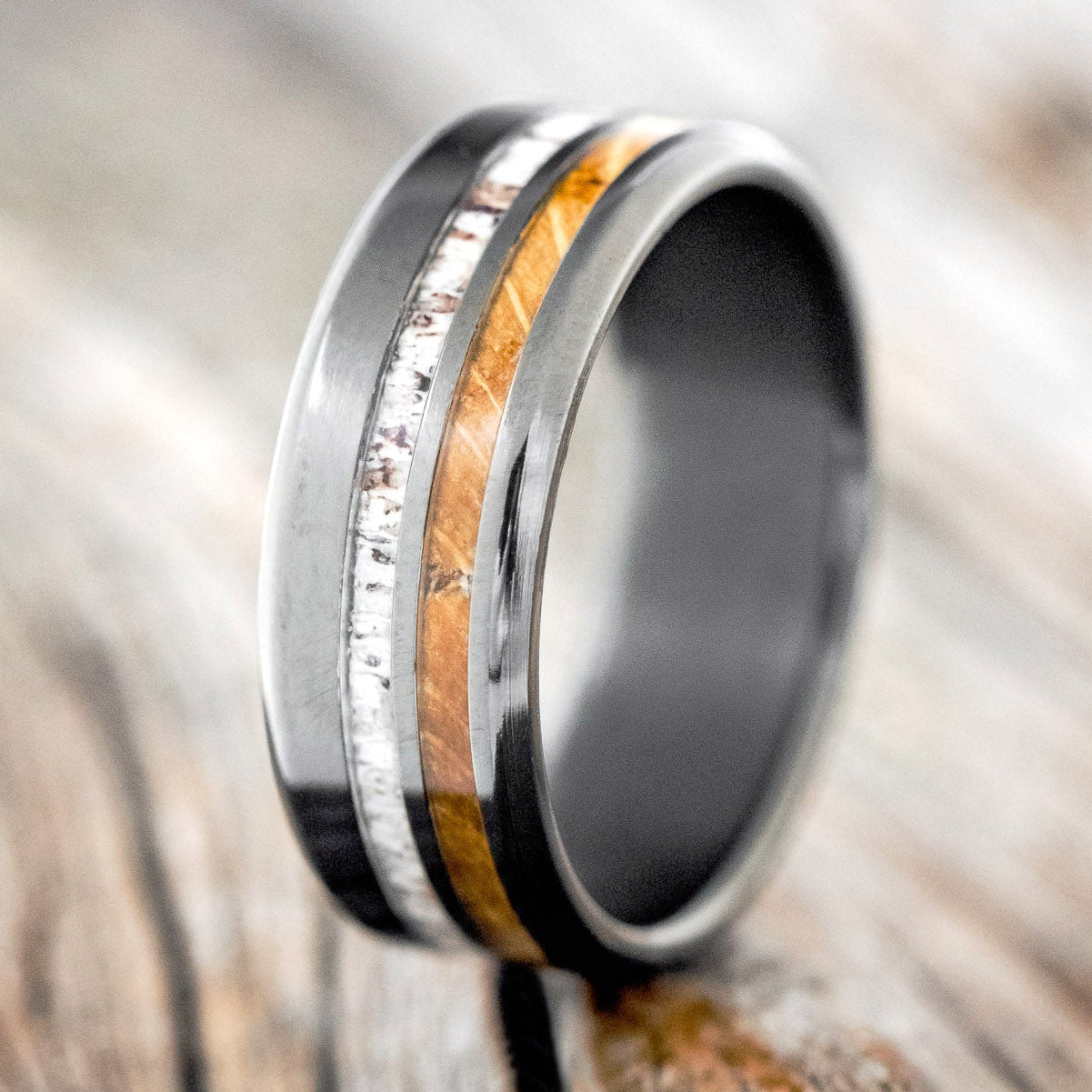 "COSMO" - WHISKEY BARREL OAK & ANTLER WEDDING BAND-4