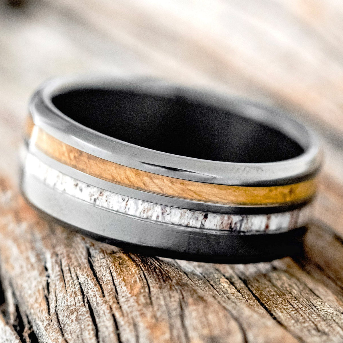 "COSMO" - WHISKEY BARREL OAK & ANTLER WEDDING BAND-5