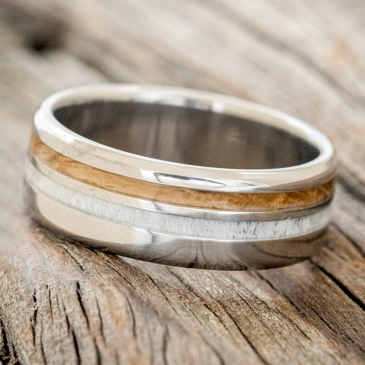 "COSMO" - WHISKEY BARREL OAK & ANTLER WEDDING BAND-2