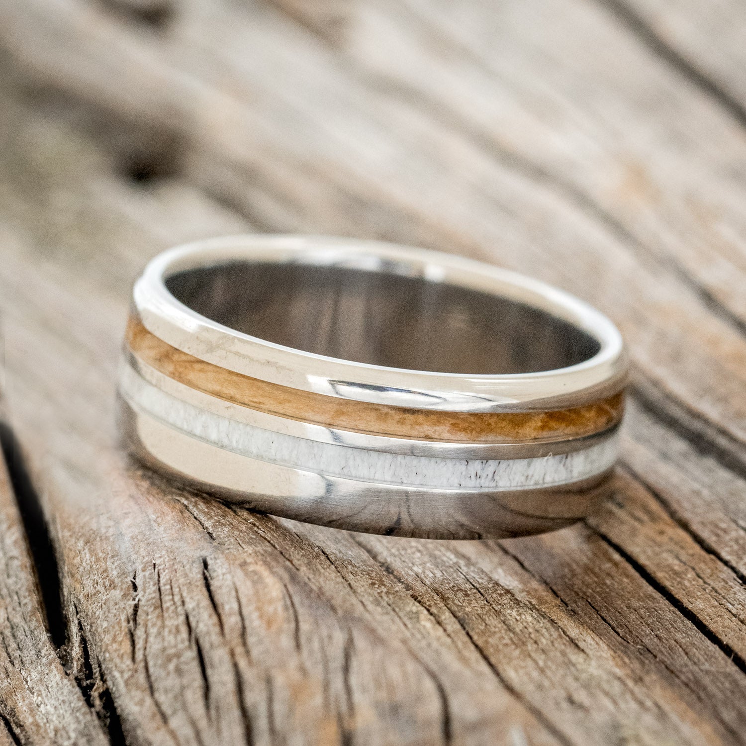 "COSMO" - WHISKEY BARREL OAK & ANTLER WEDDING BAND-2