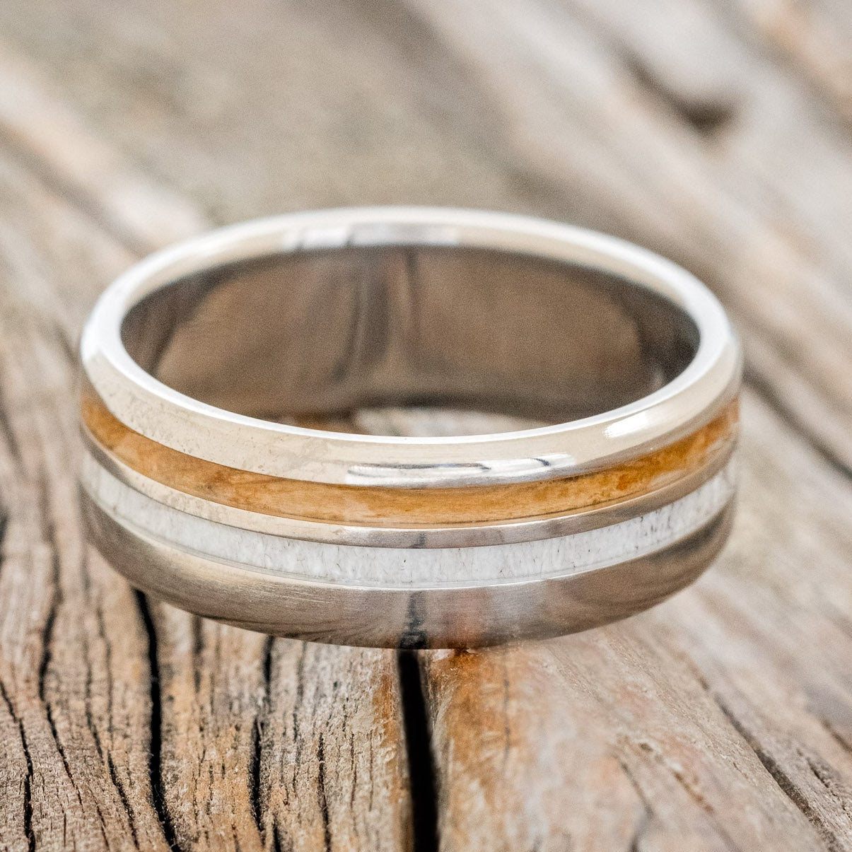 "COSMO" - WHISKEY BARREL OAK & ANTLER WEDDING BAND-3