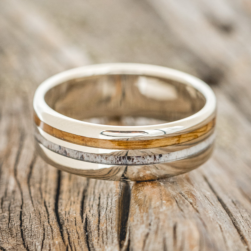 "COSMO" - WHISKEY BARREL OAK & ANTLER WEDDING BAND-9