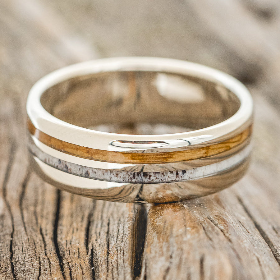 "COSMO" - WHISKEY BARREL OAK & ANTLER WEDDING BAND-9