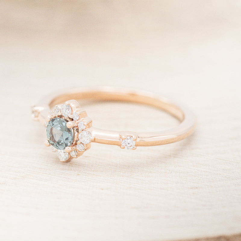"STARLA" - BRIDAL SUITE - ROUND CUT DENIM MONTANA SAPPHIRE ENGAGEMENT RING WITH DIAMOND ACCENTS & "LEA" TRACERS