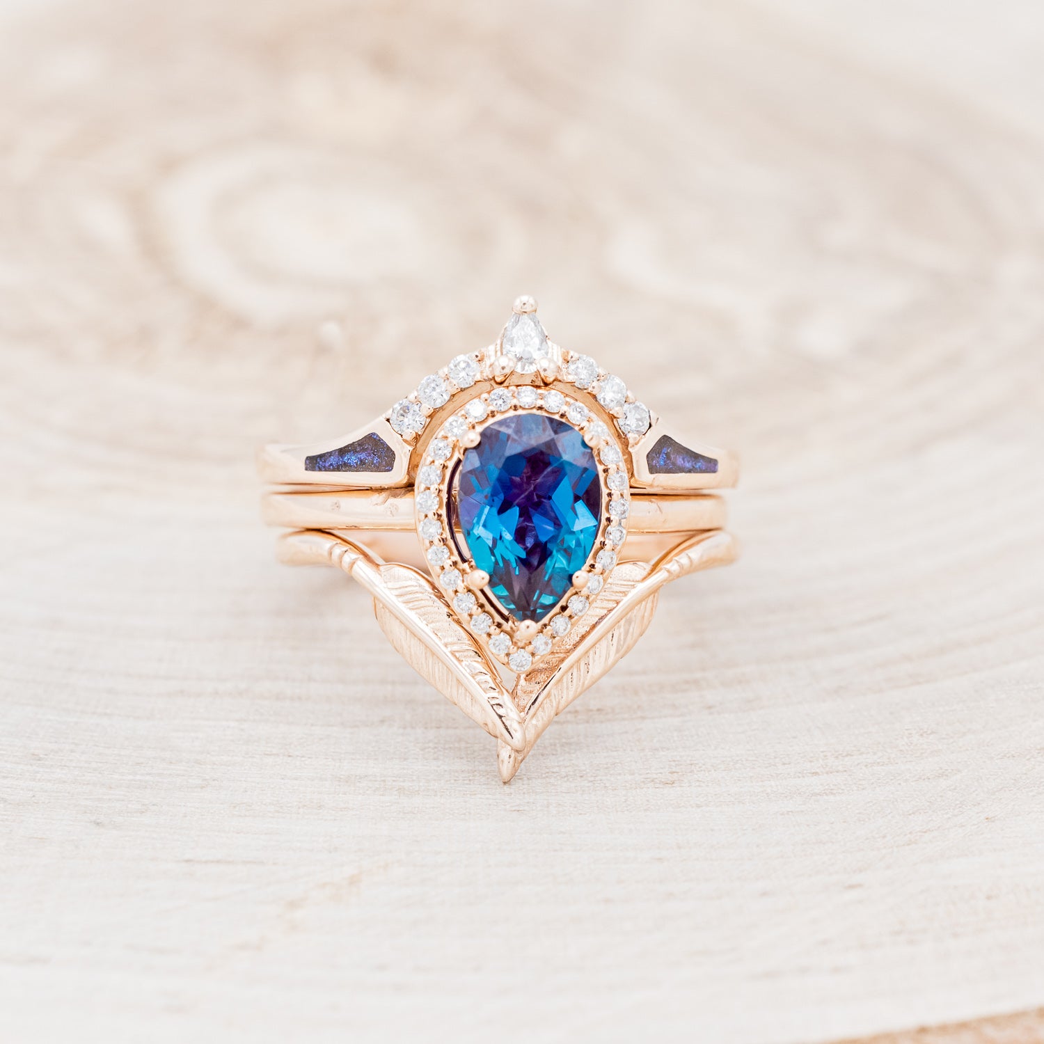 "CLARISS" - BRIDAL SUITE - PEAR SHAPED LAB-GROWN ALEXANDRITE ENGAGEMENT RING WITH DIAMOND HALO & TRACERS-4