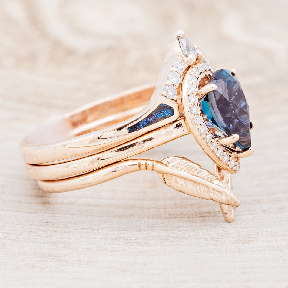"CLARISS" - BRIDAL SUITE - PEAR SHAPED LAB-GROWN ALEXANDRITE ENGAGEMENT RING WITH DIAMOND HALO & TRACERS-2
