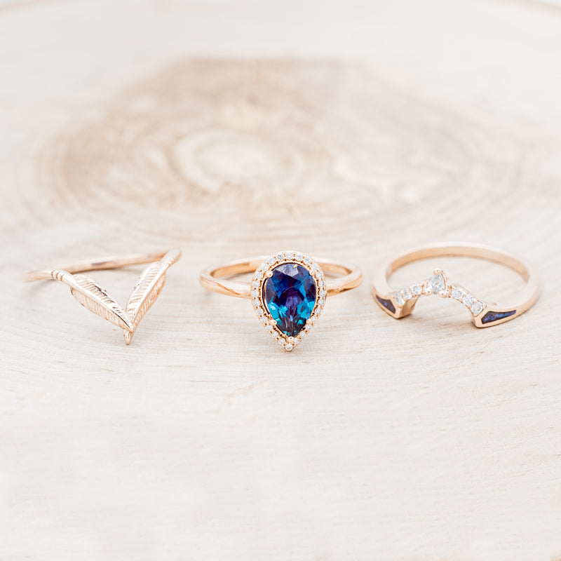 "CLARISS" - BRIDAL SUITE - PEAR SHAPED LAB-GROWN ALEXANDRITE ENGAGEMENT RING WITH DIAMOND HALO & TRACERS-5