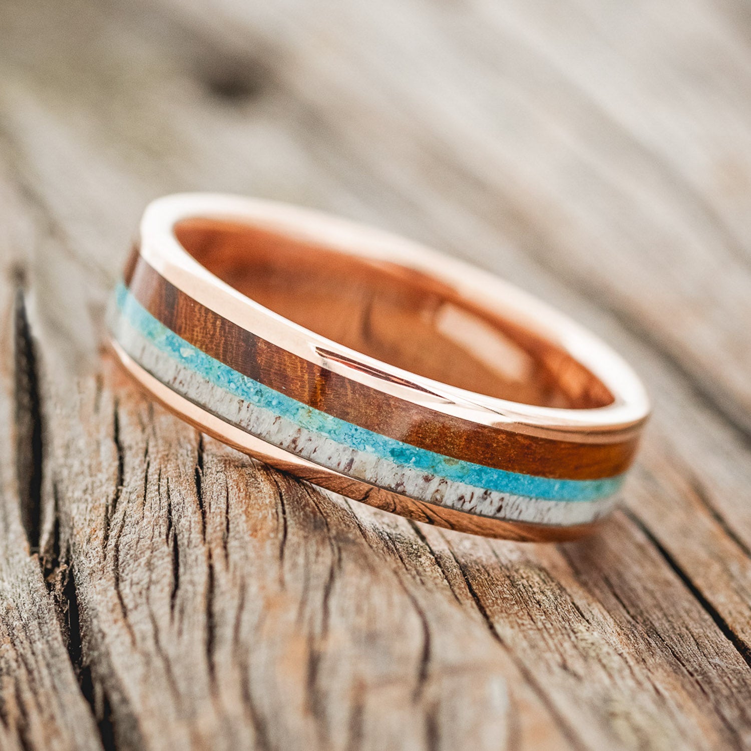 "RAINIER" - ANTLER, IRONWOOD & TURQUOISE WEDDING RING FEATURING A 14K GOLD BAND-2