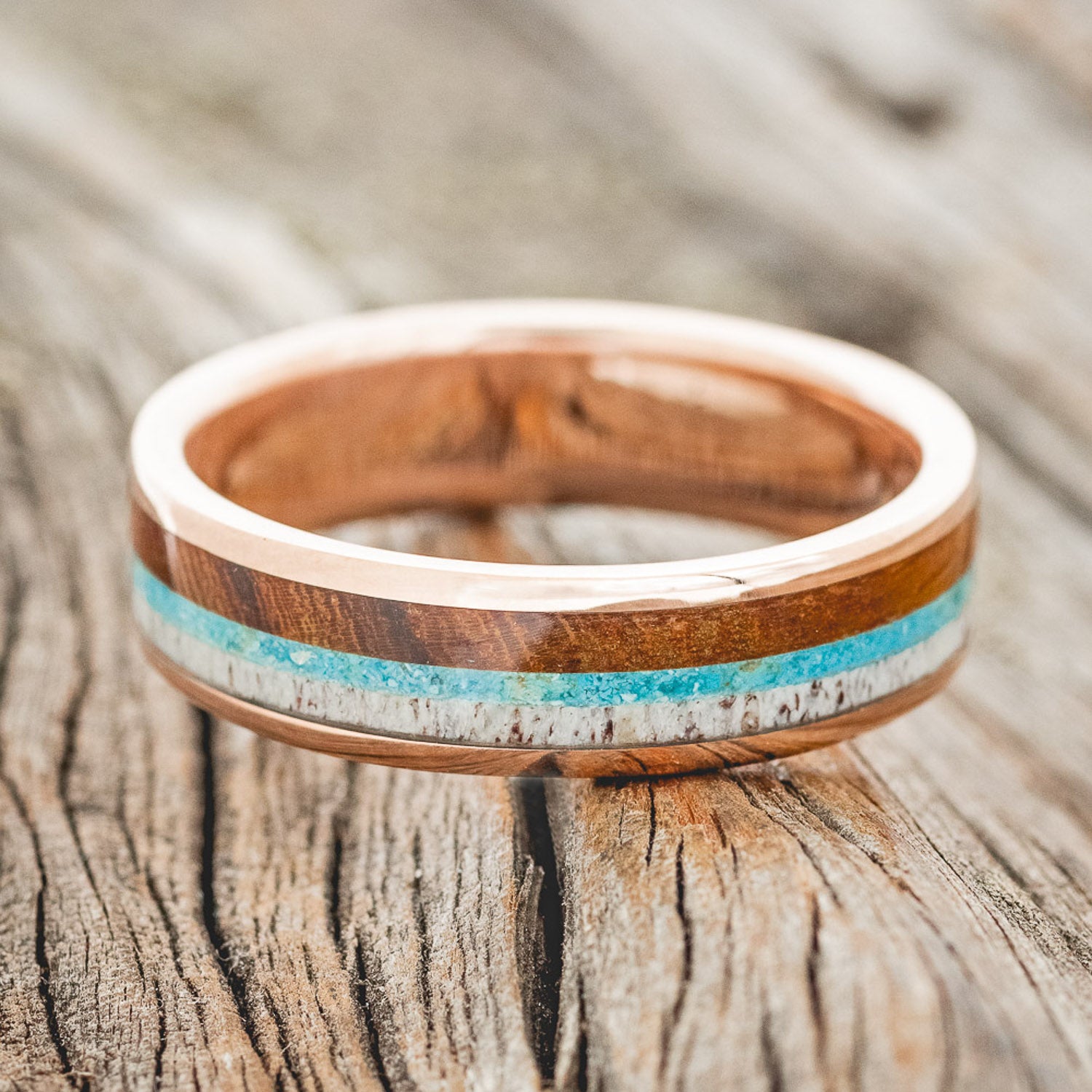 "RAINIER" - ANTLER, IRONWOOD & TURQUOISE WEDDING RING FEATURING A 14K GOLD BAND-3