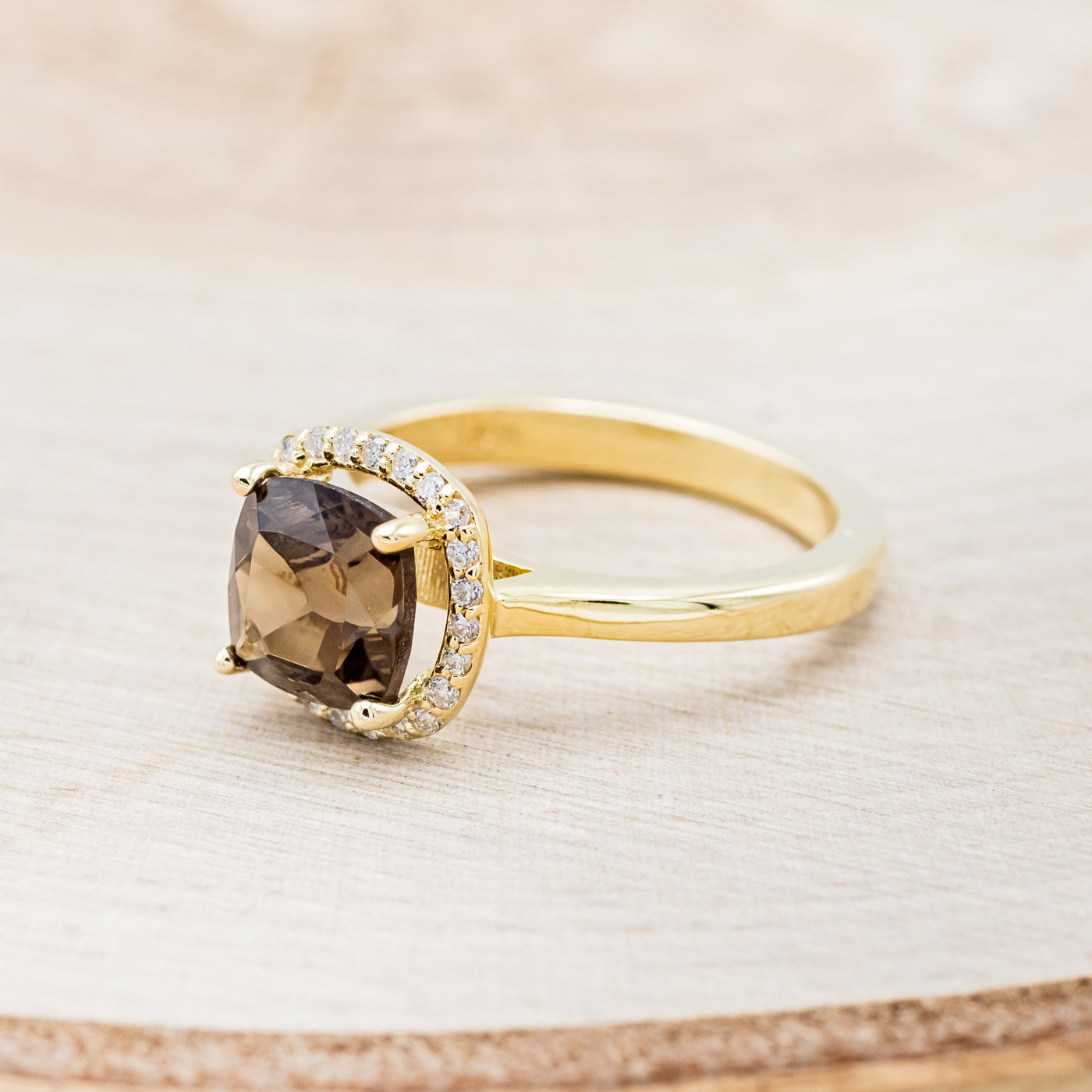 BRINA CUSHION CUT SMOKY QUARTZ ENGAGEMENT RING WITH DIAMOND HALO
