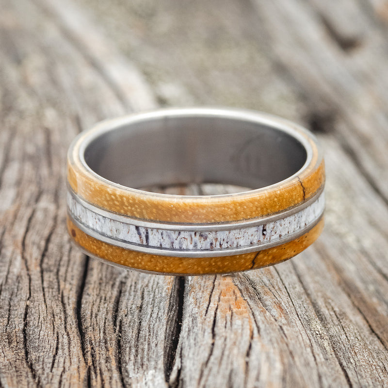 "GLEN" - SPALTED MAPLE & ANTLER WEDDING RING- TITANIUM - SIZE 8 3/4-3