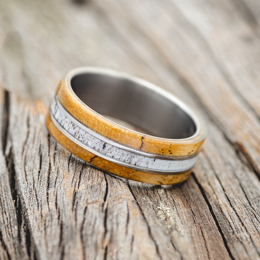 "GLEN" - SPALTED MAPLE & ANTLER WEDDING RING- TITANIUM - SIZE 8 3/4-2