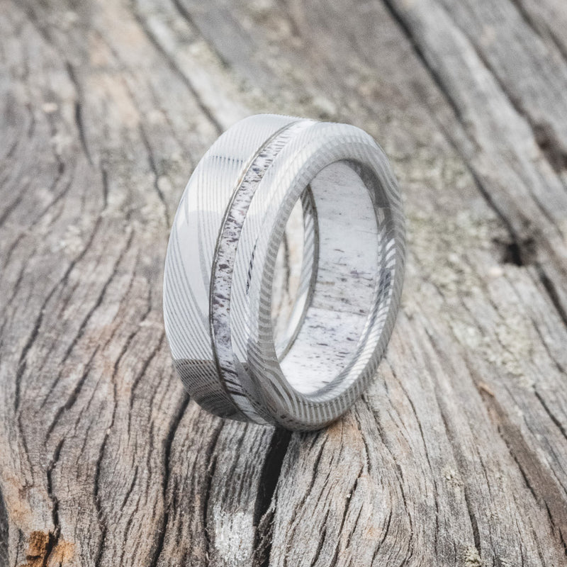 "VERTIGO" - ELK ANTLER WEDDING RING FEATURING AN ELK ANTLER LINING - READY TO SHIP-1