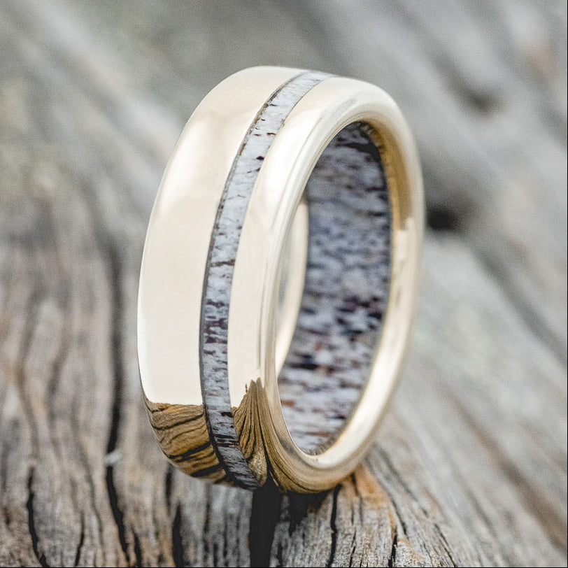 "VERTIGO" - ELK ANTLER WEDDING RING FEATURING AN ELK ANTLER LINED DAMASCUS STEEL BAND-5