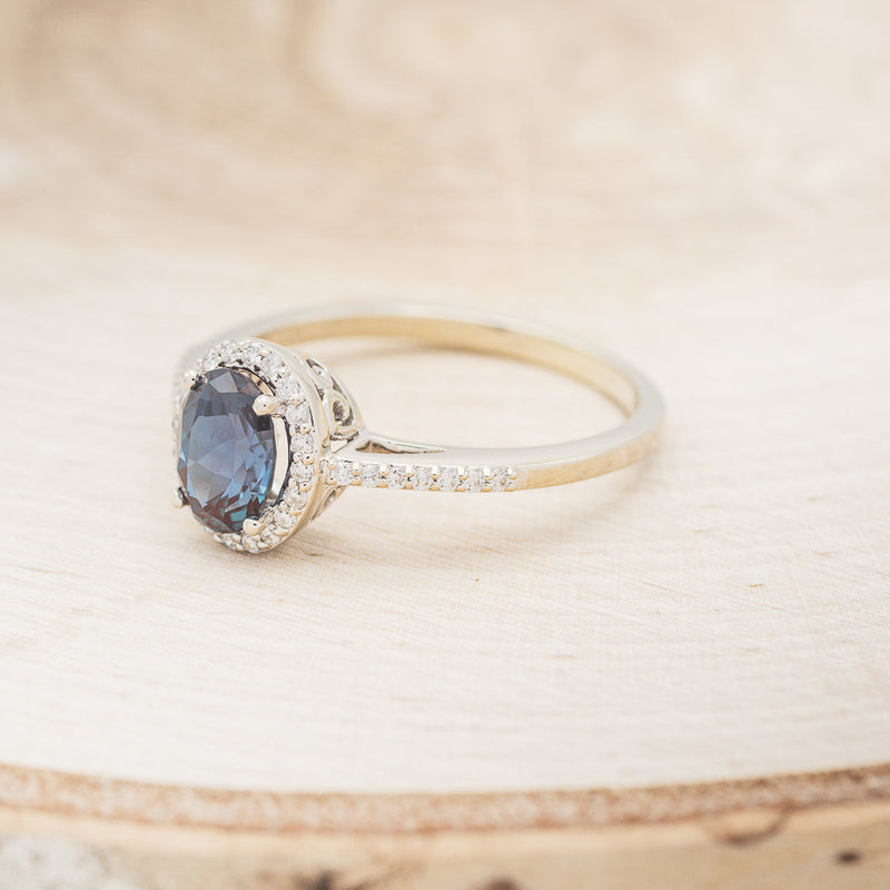 "DIANA" - OVAL LAB-GROWN ALEXANDRITE ENGAGEMENT RING WITH DIAMOND HALO & ACCENTS