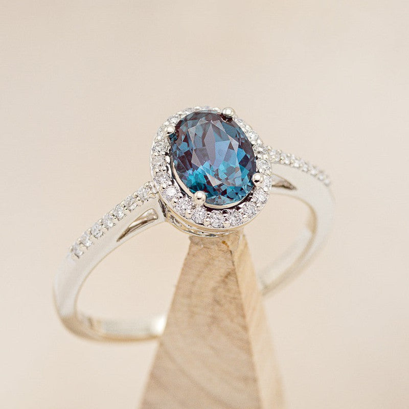 Alexandrite Engagement Ring With Diamond Halo and Accents - Staghead Designs