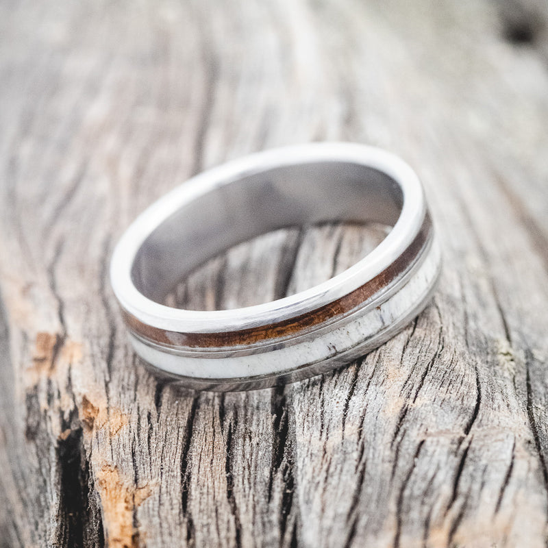 "RAPTOR" - IRONWOOD & ANTLER WEDDING BAND - TITANIUM (6MM) - SIZE 11 1/2-3