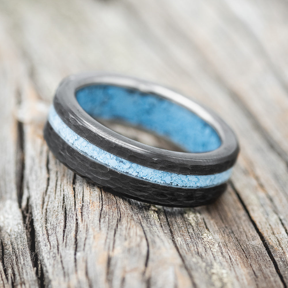 "VERTIGO" - TURQUOISE INLAY & LINED WEDDING RING-3