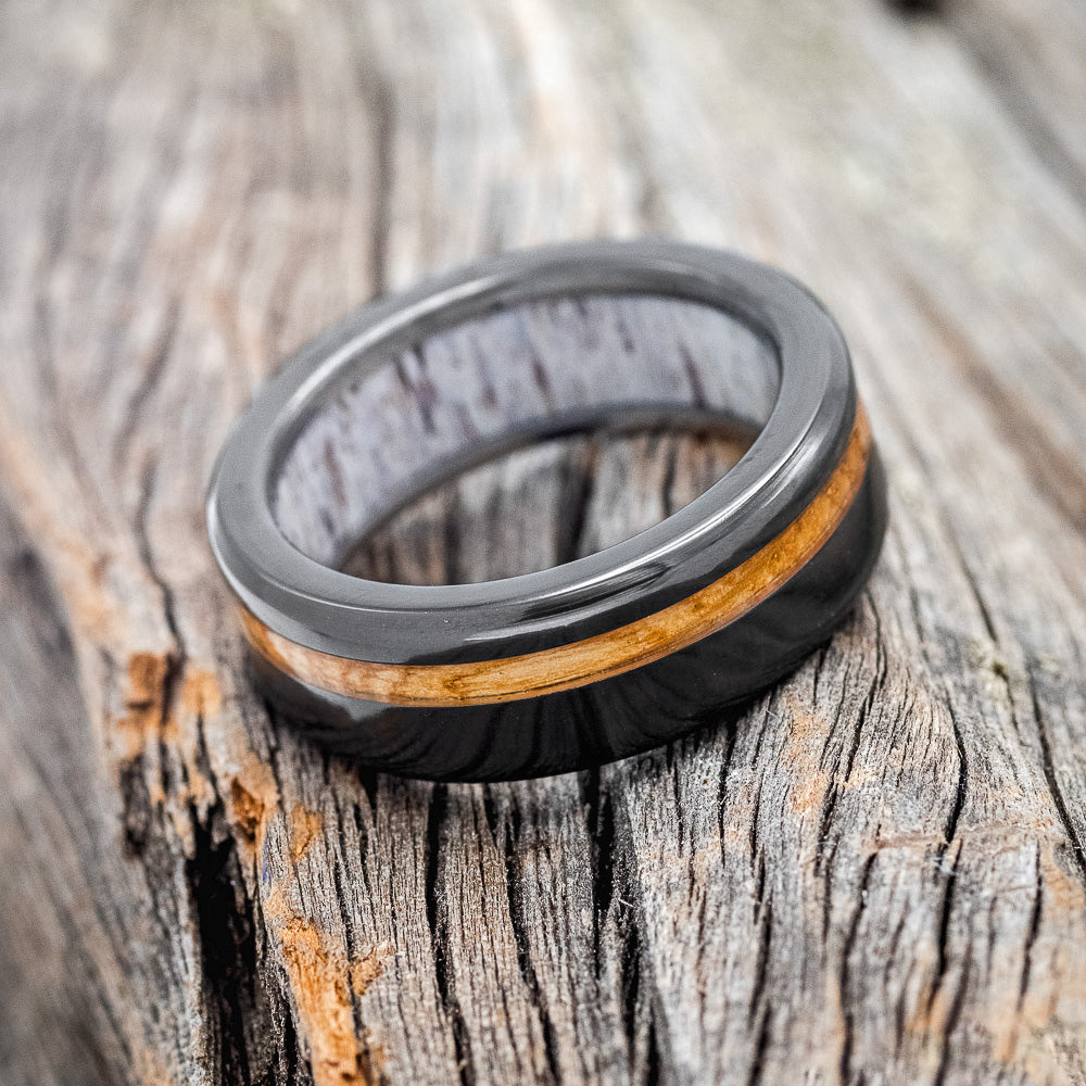 "VERTIGO" - WHISKEY BARREL OAK WEDDING RING FEATURING AN ANTLER LINED BLACK ZIRCONIUM BAND-5