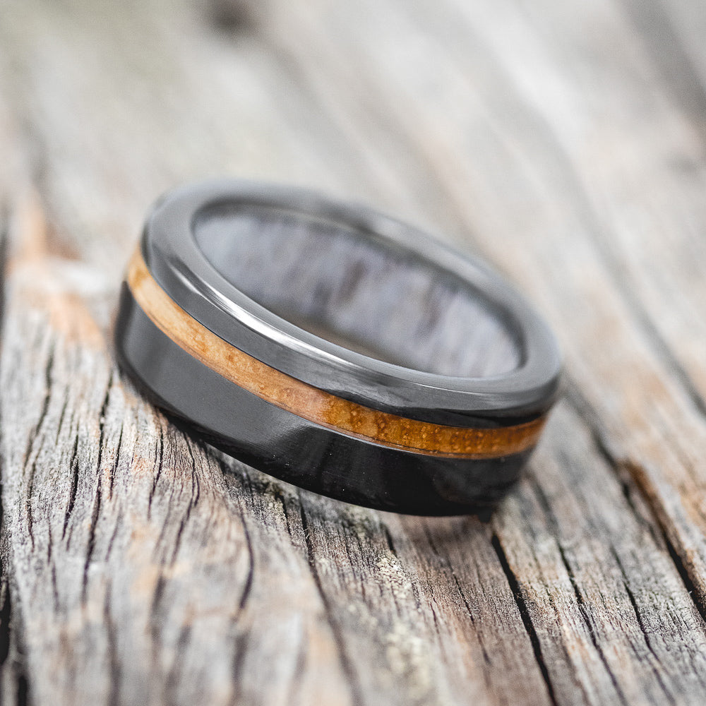 "VERTIGO" - WHISKEY BARREL OAK WEDDING RING FEATURING AN ANTLER LINED BLACK ZIRCONIUM BAND-3