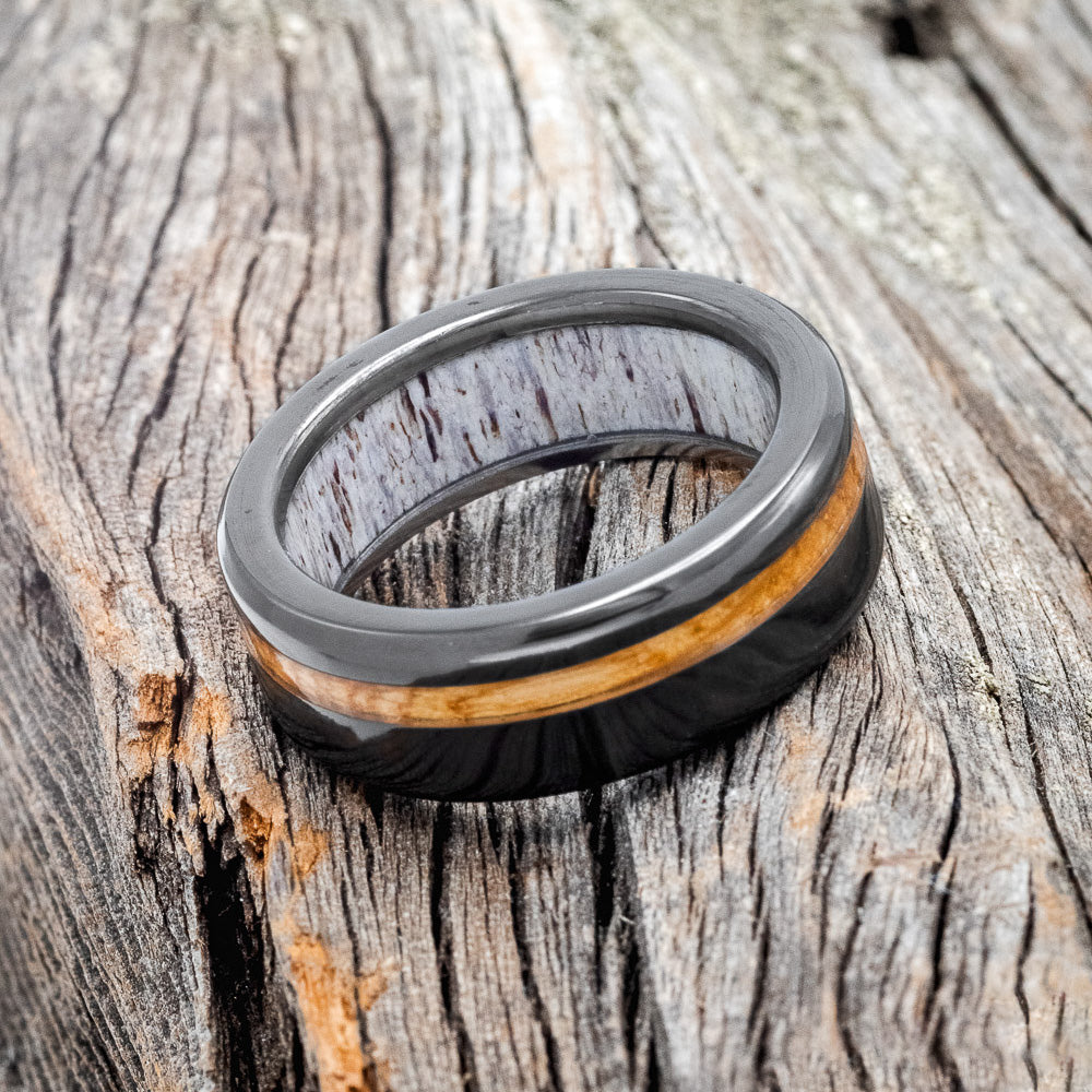 "VERTIGO" - WHISKEY BARREL OAK WEDDING RING FEATURING AN ANTLER LINED BLACK ZIRCONIUM BAND-6