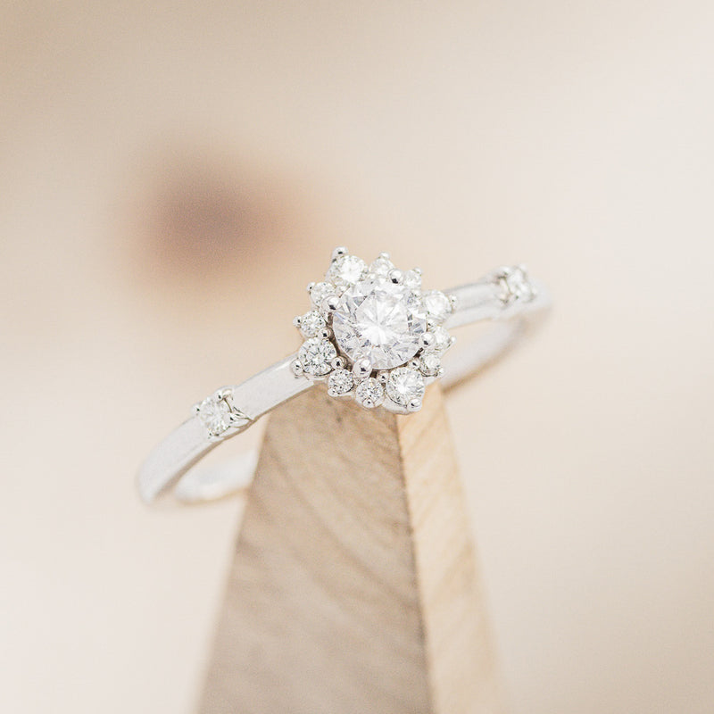 "STARLA" - BRIDAL SUITE - ROUND CUT DIAMOND ENGAGEMENT RING WITH DIAMOND ACCENTS & "LEA" TRACERS