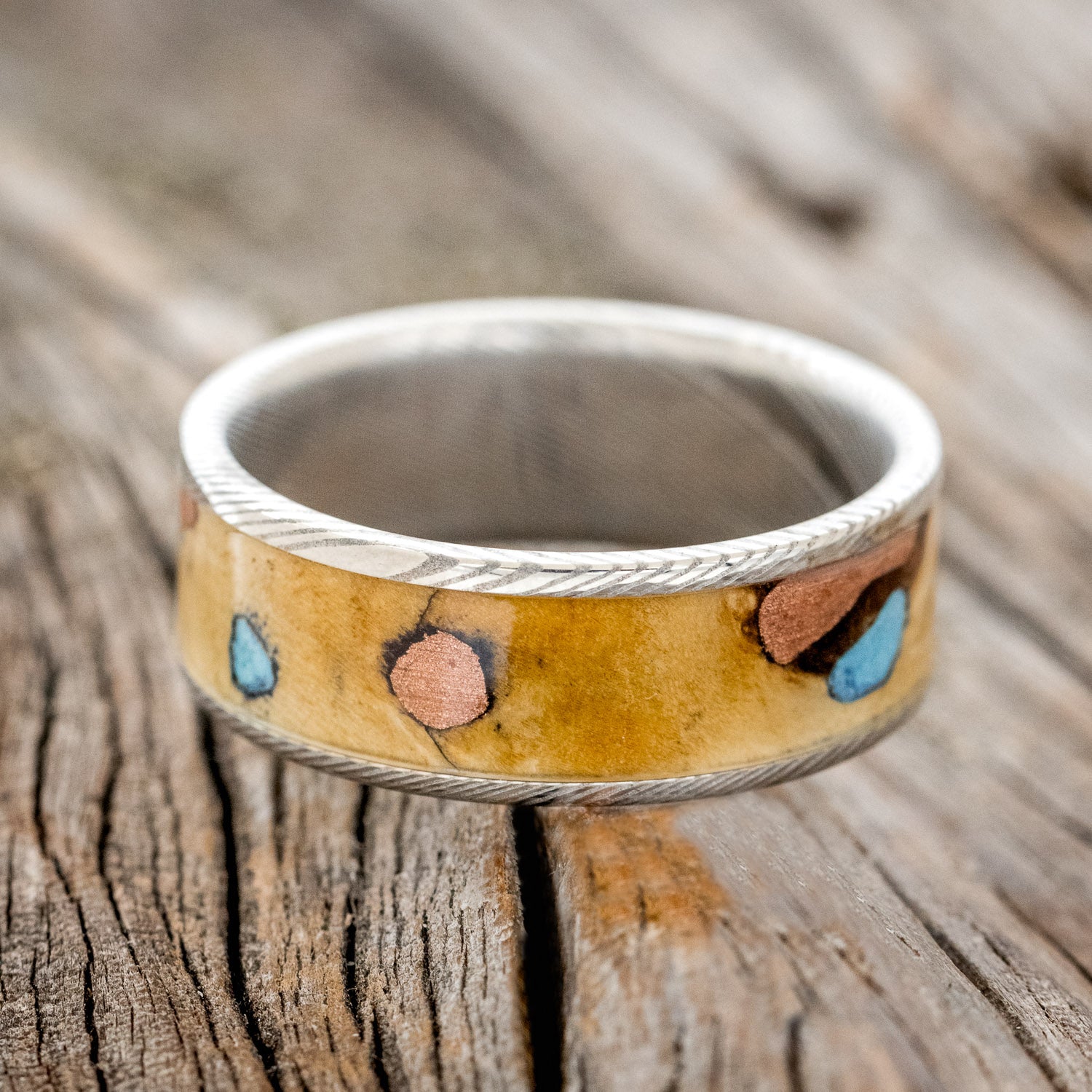 "RAINIER" - BUCKEYE BURL WOOD, COPPER & TURQUOISE WEDDING BAND-11