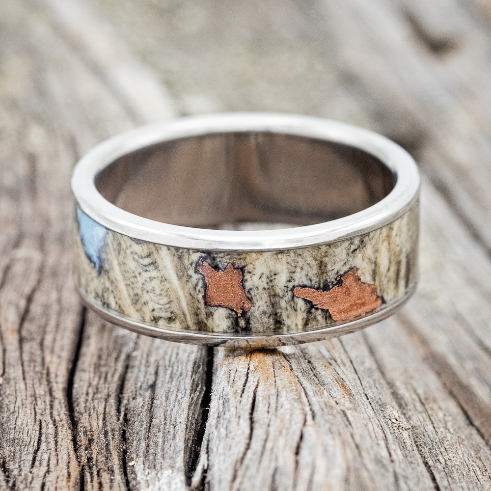 "RAINIER" - BUCKEYE BURL WOOD, COPPER & TURQUOISE WEDDING BAND - READY TO SHIP-5