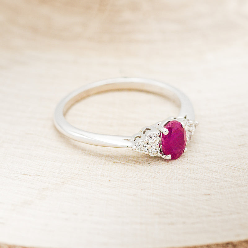 "RHEA" - OVAL LAB-GROWN RUBY ENGAGEMENT RING WITH DIAMOND ACCENTS