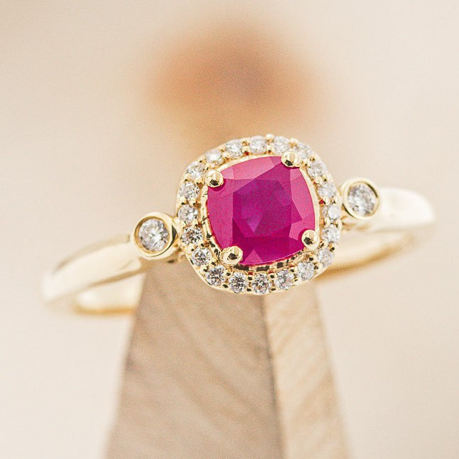 Lab Created Ruby Engagement Ring With Diamond Halo & Accents - Staghead Designs