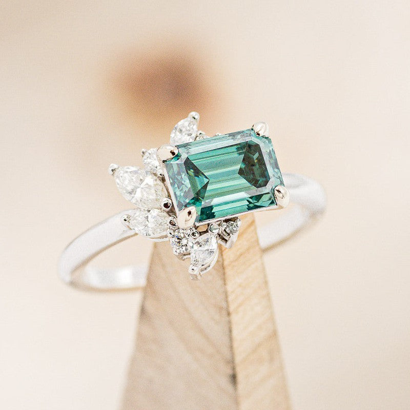 Green Moissanite Engagement Ring With Diamonds- Staghead Designs