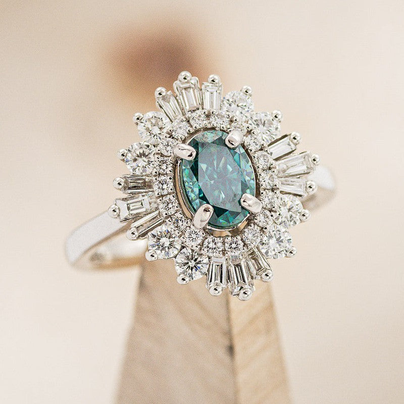 Green Moissanite Engagement Ring With Diamonds - Staghead Designs