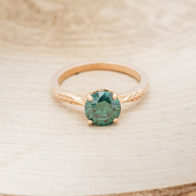 "HOPE" - SOLITAIRE ENGAGEMENT RING WITH FEATHER ACCENTS - SHOWN WITH ROUND MEDEINA GREEN MOISSANITE - SELECT YOUR OWN STONE