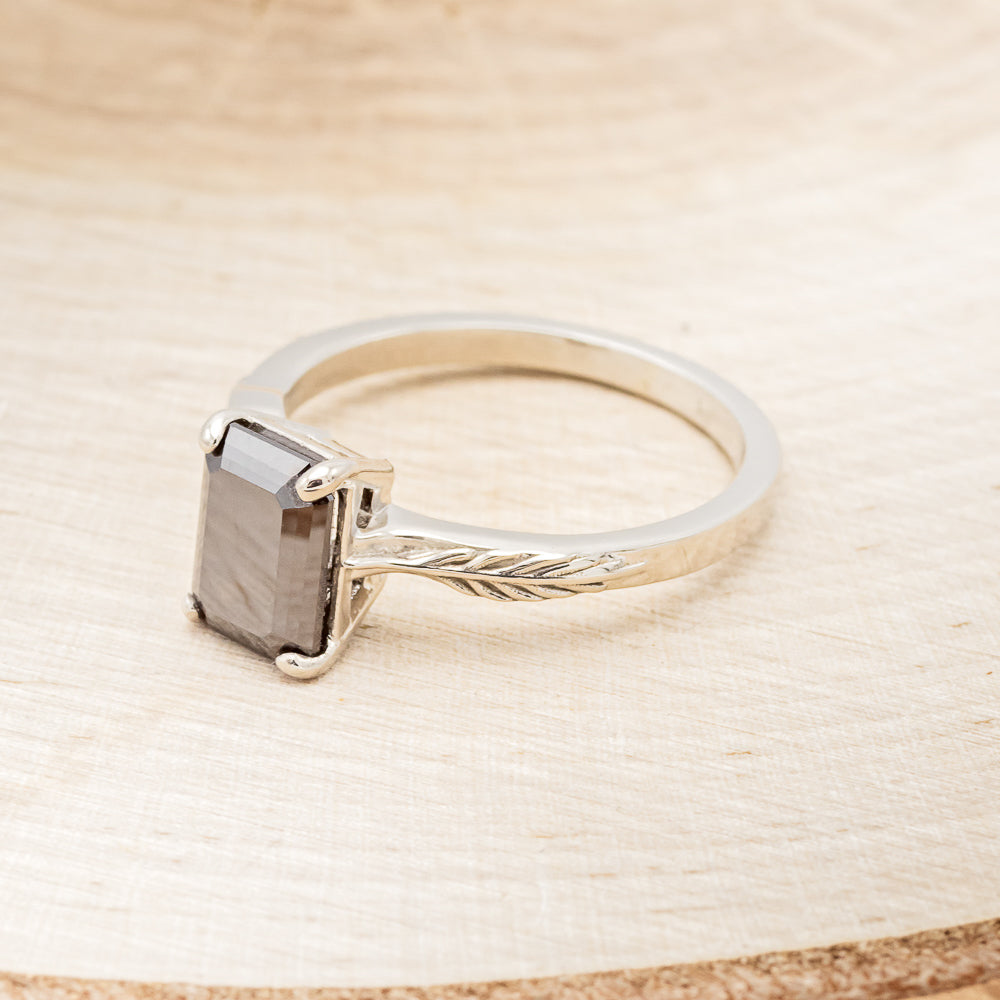 "HOPE" - EMERALD CUT MIDNIGHT BLACK MOISSANITE SOLITAIRE ENGAGEMENT RING WITH FEATHER ACCENTS-3