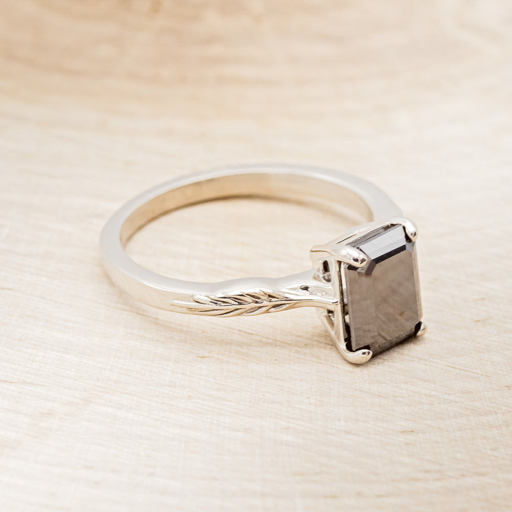 "HOPE" - EMERALD CUT MIDNIGHT BLACK MOISSANITE SOLITAIRE ENGAGEMENT RING WITH FEATHER ACCENTS-2