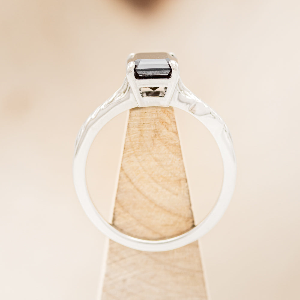 "HOPE" - EMERALD CUT MIDNIGHT BLACK MOISSANITE SOLITAIRE ENGAGEMENT RING WITH FEATHER ACCENTS-5