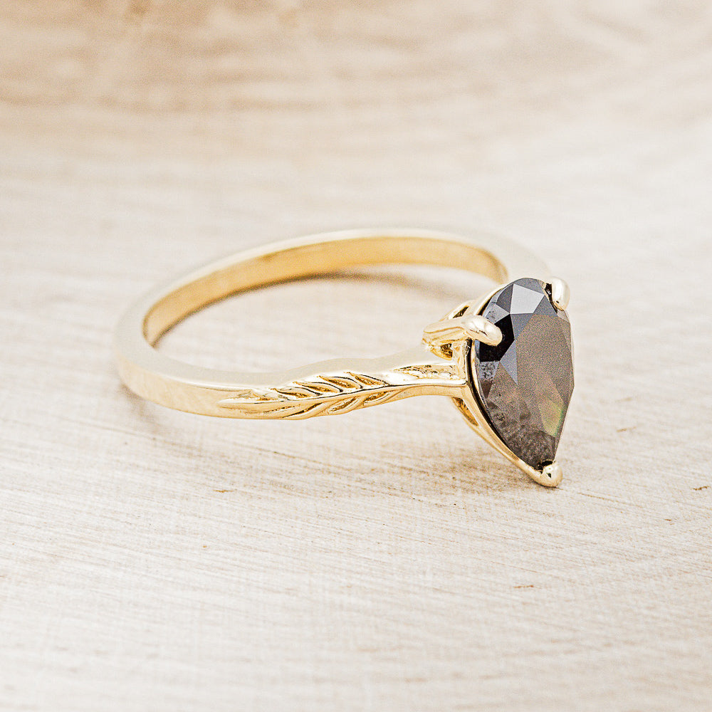 "HOPE" - PEAR-SHAPED MIDNIGHT BLACK MOISSANITE SOLITAIRE ENGAGEMENT RING WITH FEATHER ACCENTS-2