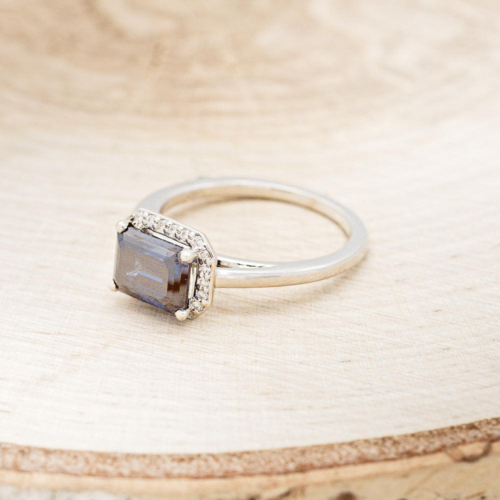 "CYBELE" - EMERALD CUT ACTAEON BLUE MOISSANITE ENGAGEMENT RING WITH DIAMOND HALO-3