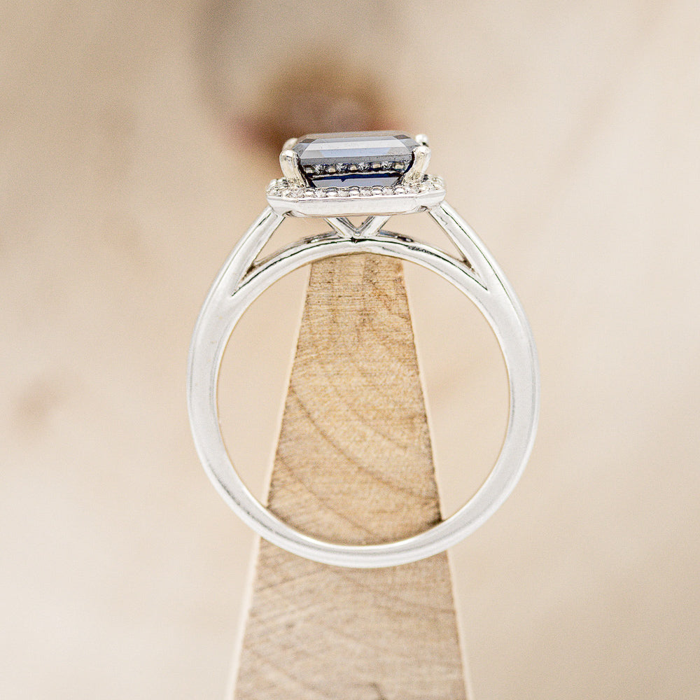"CYBELE" - EMERALD CUT ACTAEON BLUE MOISSANITE ENGAGEMENT RING WITH DIAMOND HALO-5