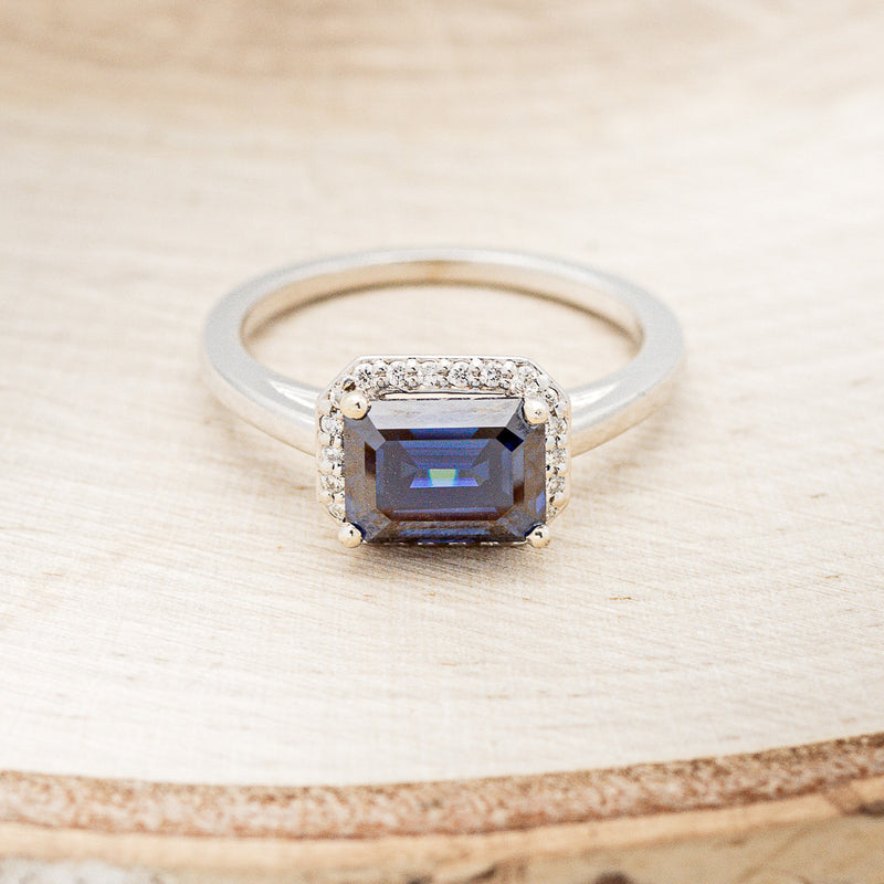 "CYBELE" - EMERALD CUT ACTAEON BLUE MOISSANITE ENGAGEMENT RING WITH DIAMOND HALO-4