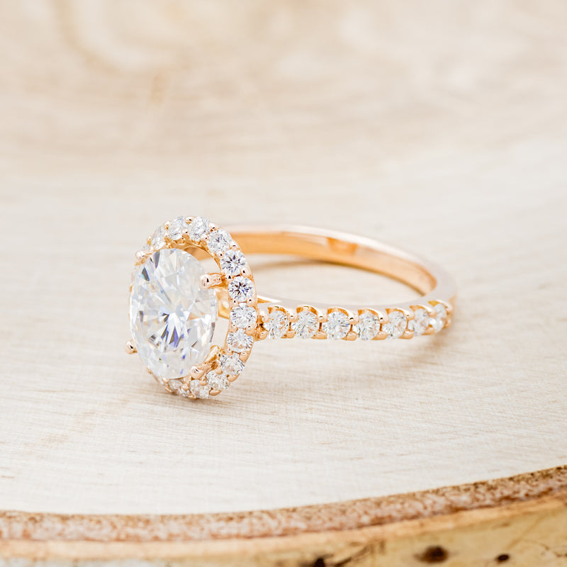 "ADIRA" - OVAL MOISSANITE ENGAGEMENT RING WITH DIAMOND HALO & ACCENTS