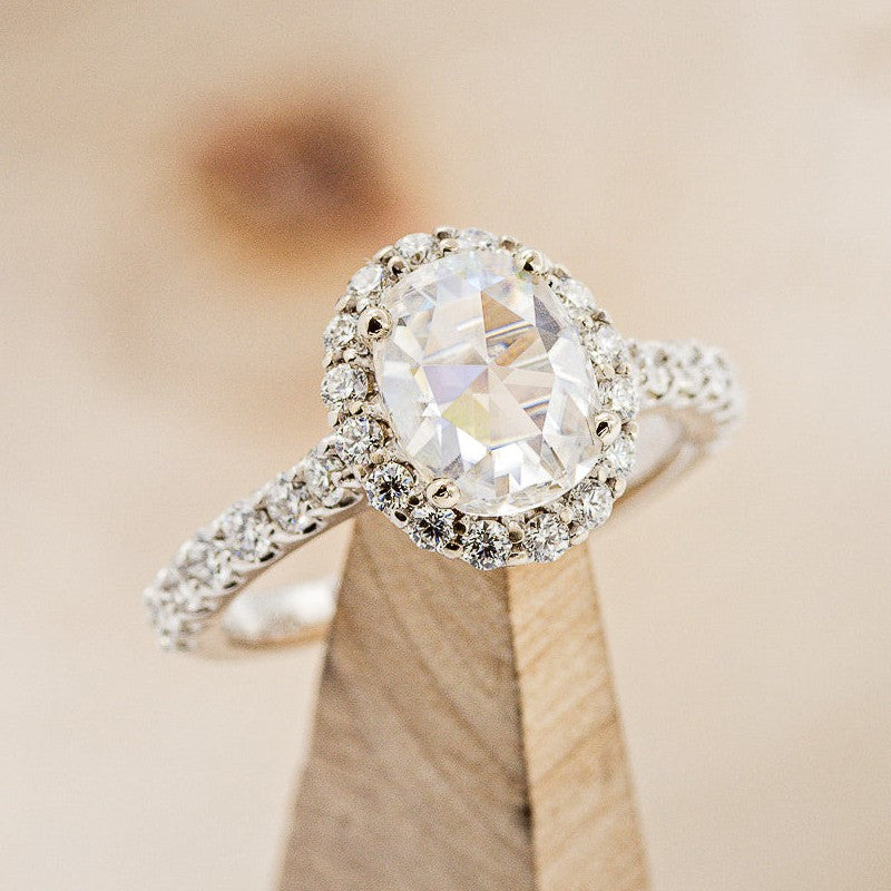 Shown here is a Moissanite Engagement Ring With Diamond Accents & Halo - Staghead Designs